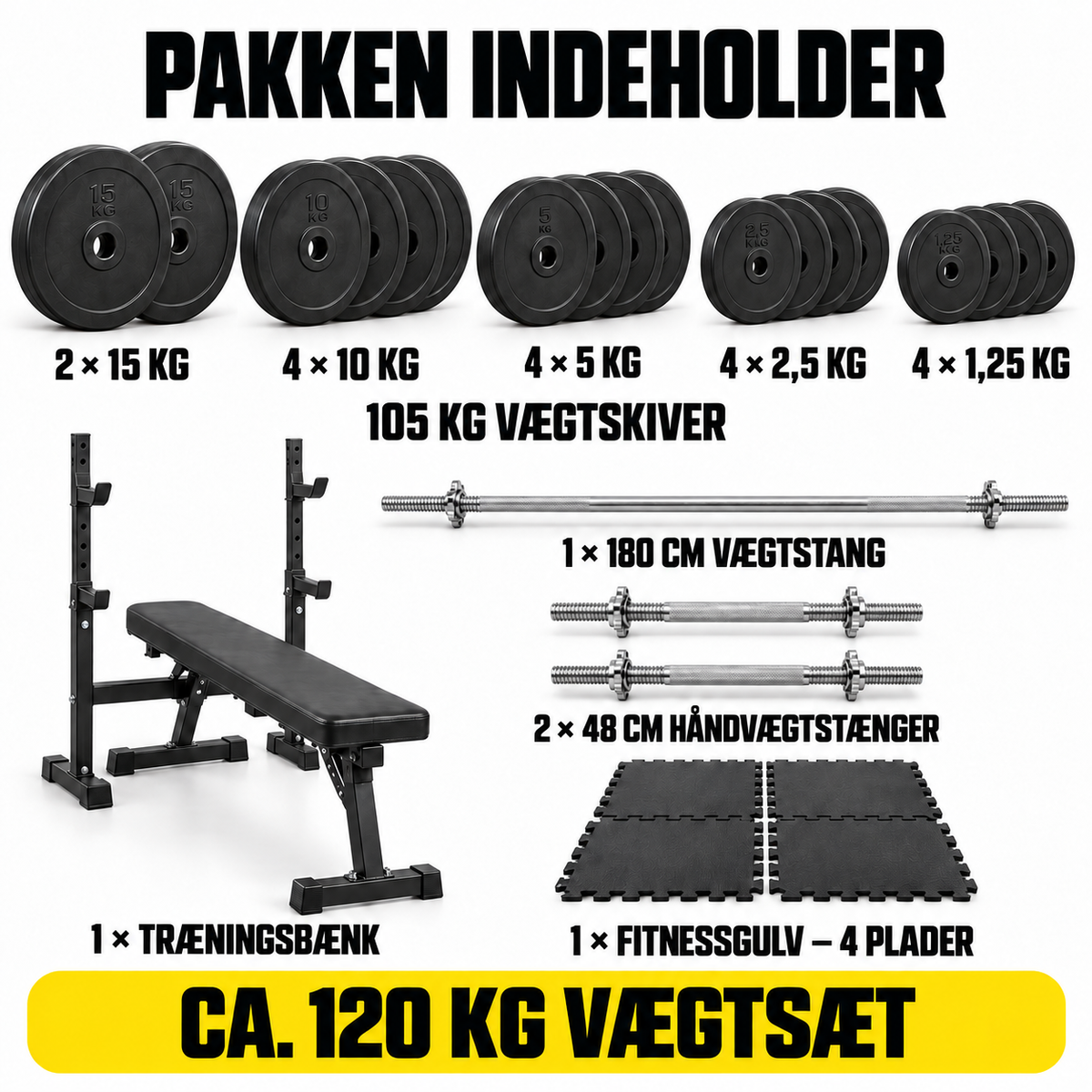 Træningsbænk med ca. 120 kg vægtsæt og fitnessgulv