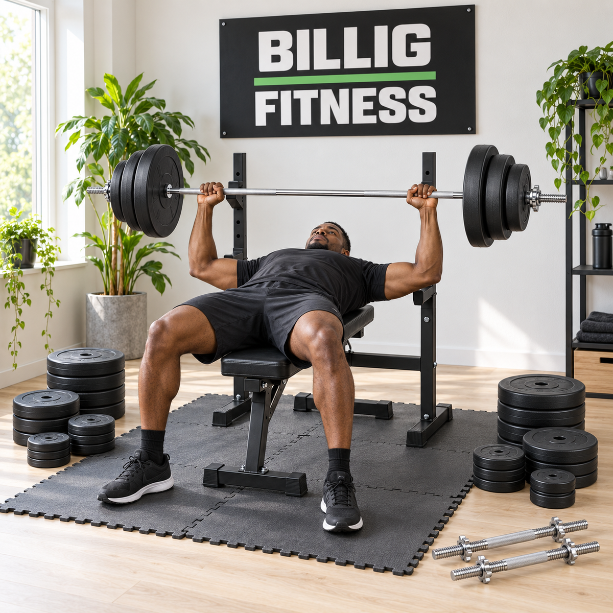 Træningsbænk med ca. 120 kg vægtsæt og fitnessgulv