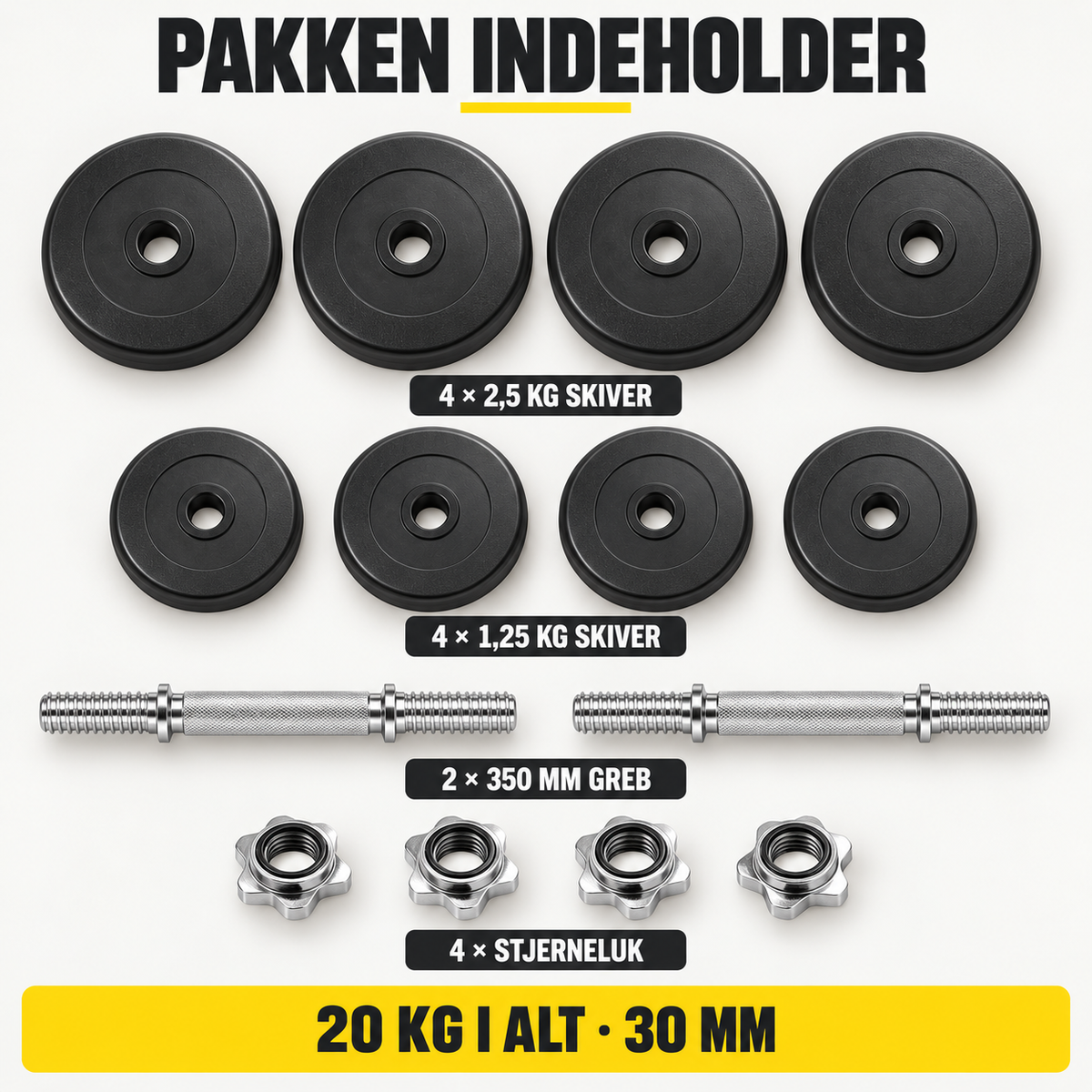 Justerbart håndvægtssæt 20 kg – 2 × 10 kg, 30 mm (Billig fitness pakkepris)