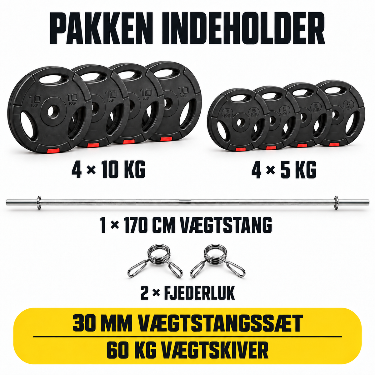 Vægtstangssæt 170 cm med 60 kg vægtskiver – 30 mm