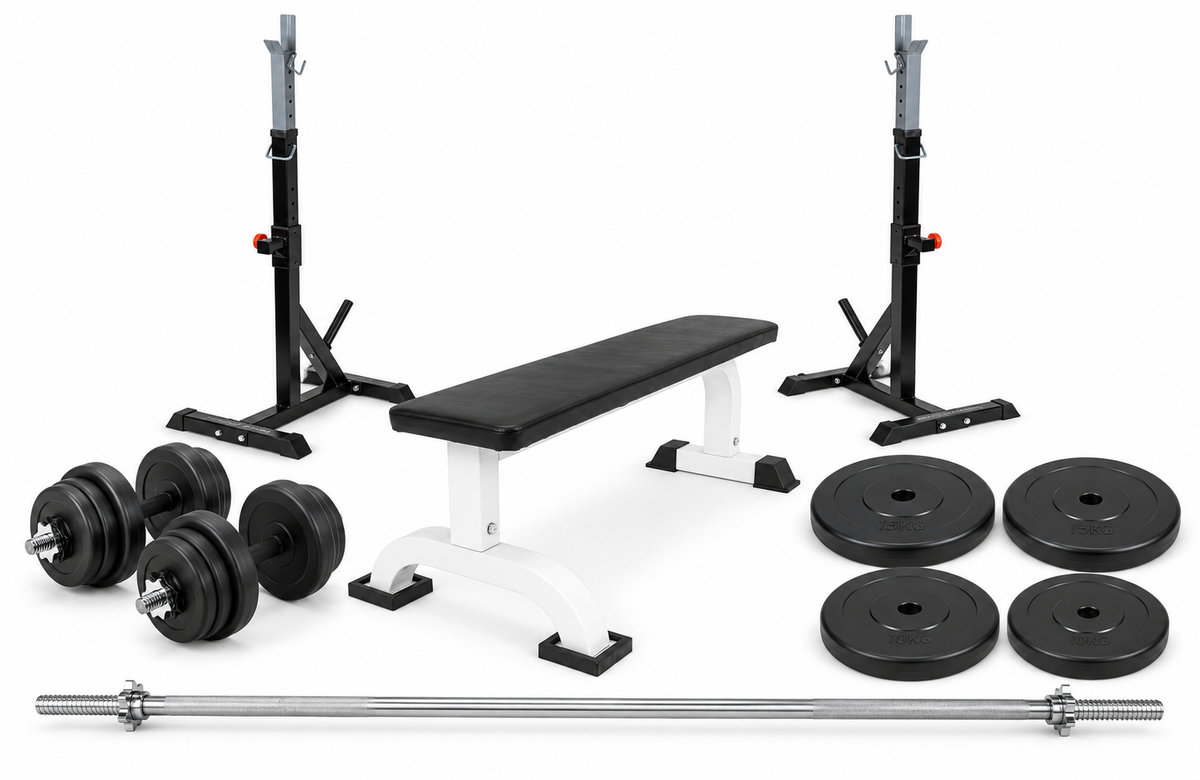 Hjemmetræningssæt med bænk, squat rack og ca. 90 kg vægte