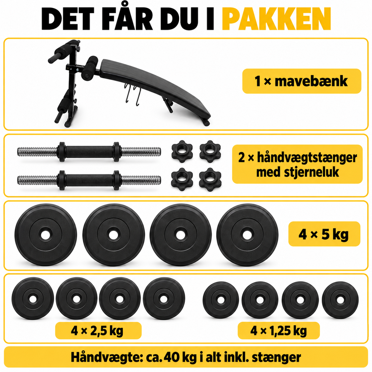 Håndvægtsæt (ca. 40 kg) plus træningsbænk