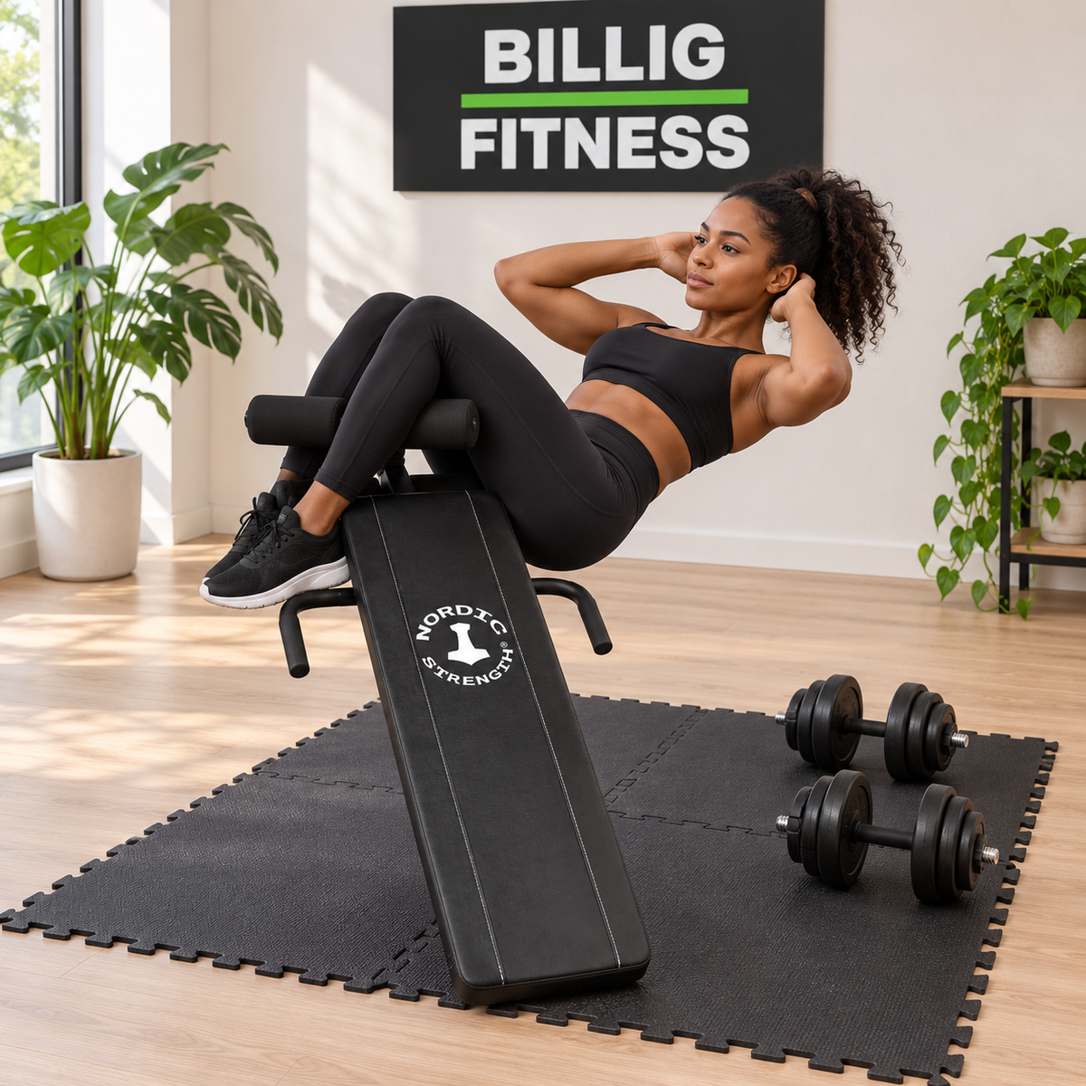 AB-mavetræningsbænk med 40 kg håndvægte og fitnessgulv