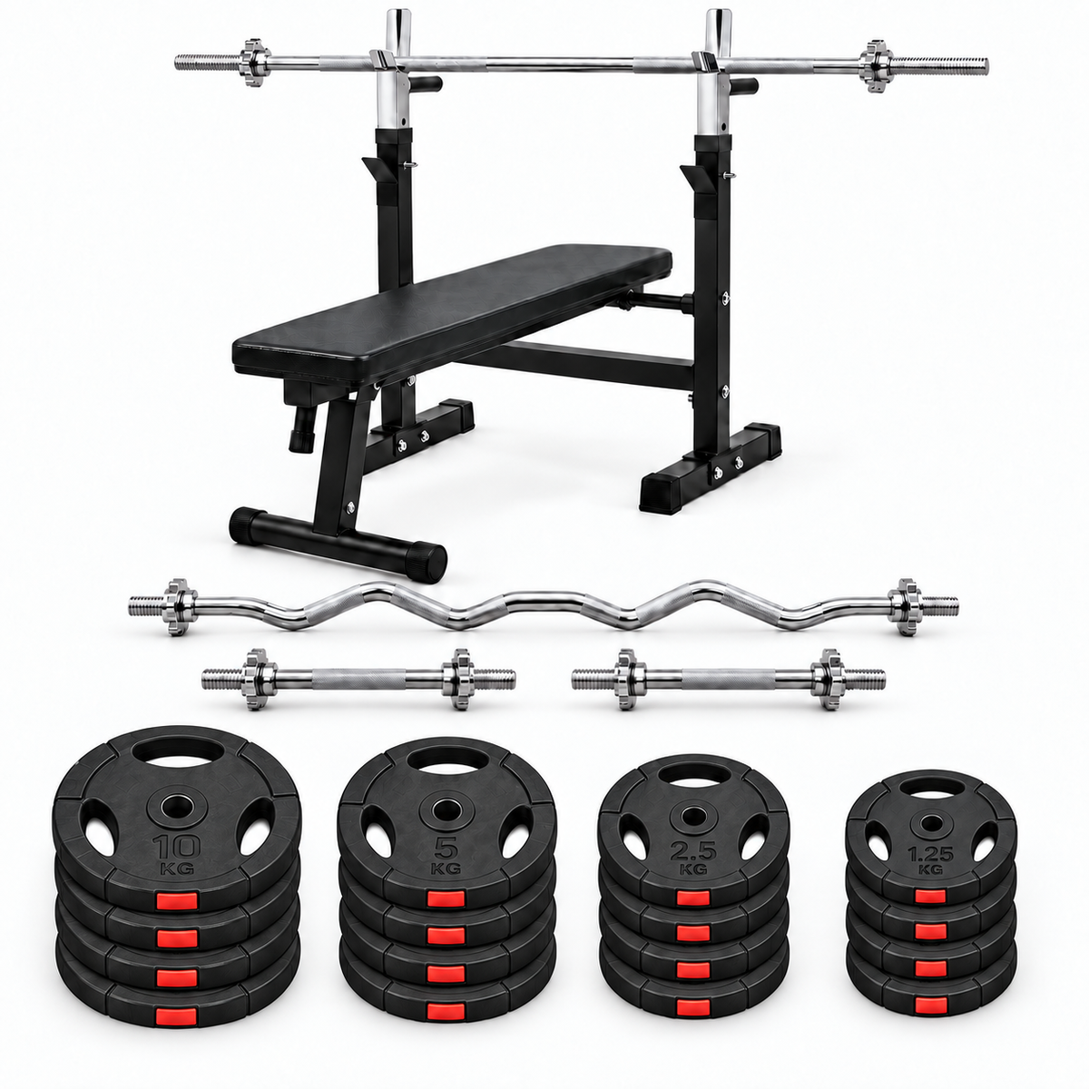 Træningsbænk med ca. 100 kg vægtsæt – 30 mm