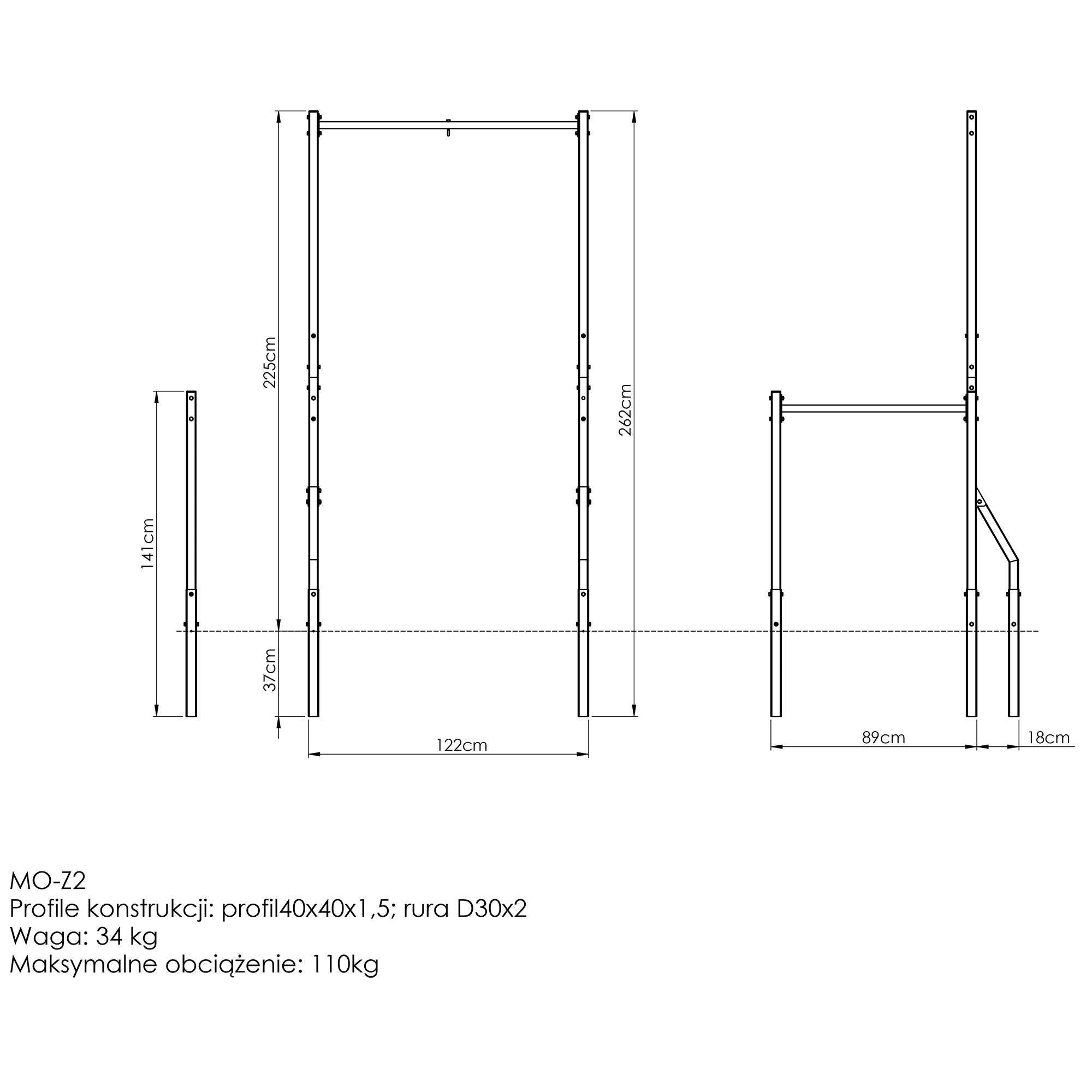 Pull-up bar med boksepude-holder og lange dip-stænger (Skaffevare)