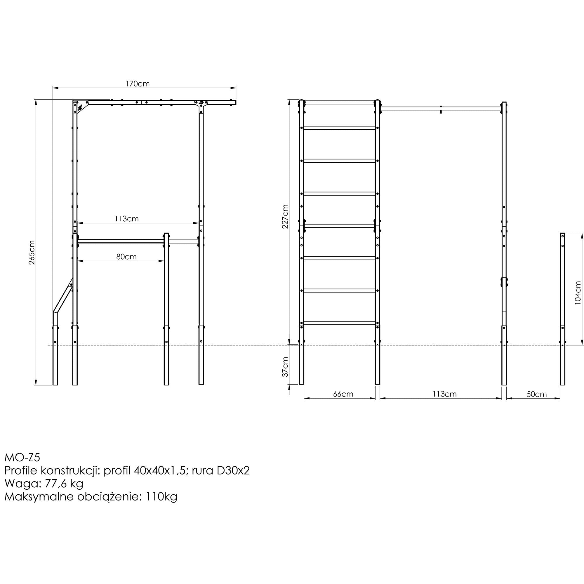 Ribbevæg med pull-up stang, boksepudebeslag og lange dip-stænger (Skaffevare)