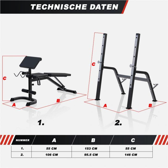 Træningsbænk + Curl Pult + Squat rack