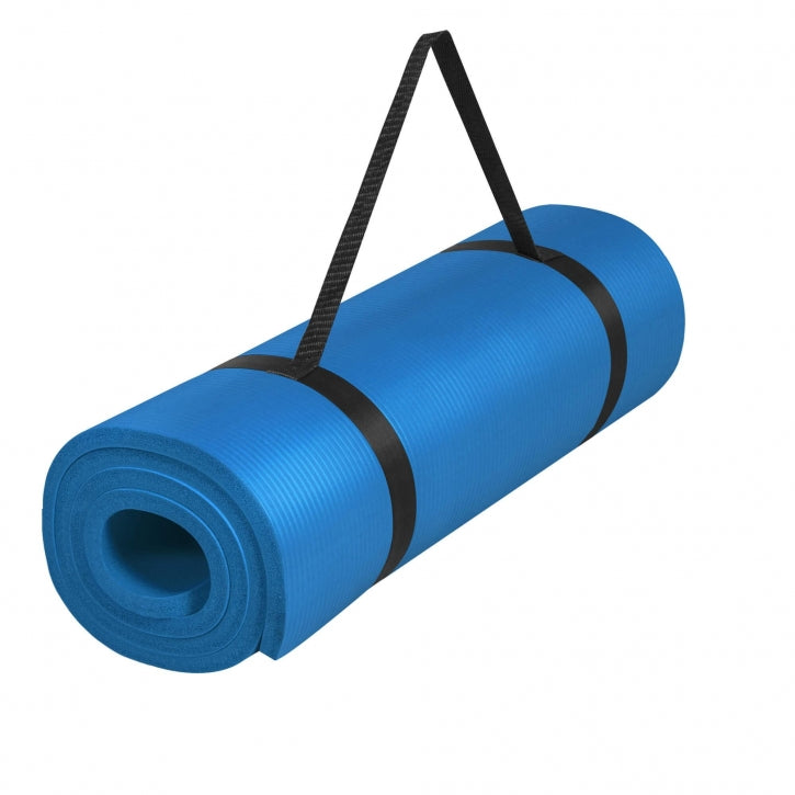 Se XL træningsmåtte + bærestrop Blå (190 x 100 x 1,5 cm) hos Billig-fitness.dk