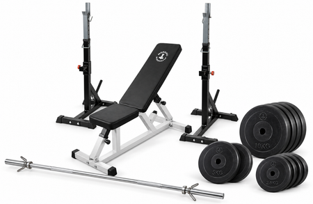 Hjemmetræningssæt med bænk, squat rack og 60 kg vægtskiver  30 mm