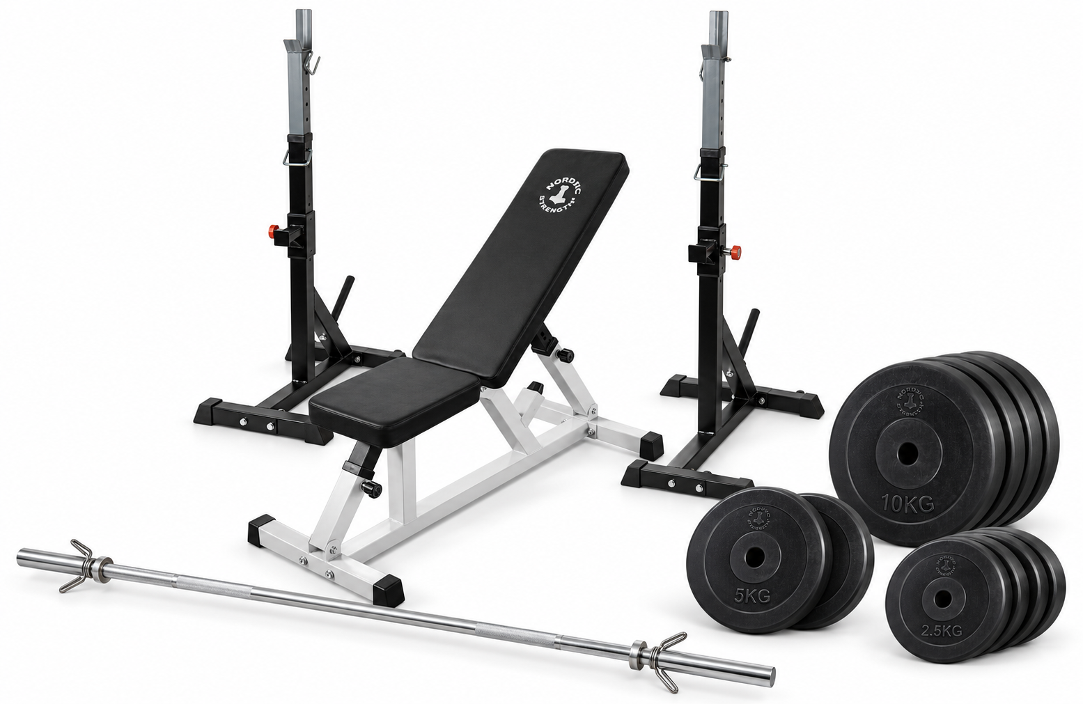 Hjemmetræningssæt med bænk, squat rack og 60 kg vægtskiver  30 mm