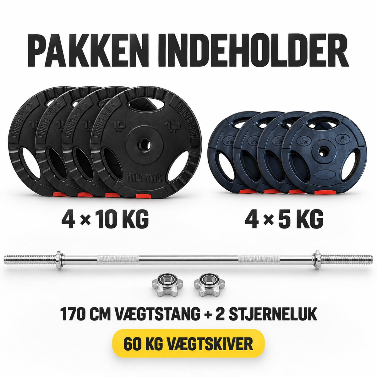 170 cm vægtstang + 60 kilo vægtskiver med greb (Billig-fitness pakkepris)