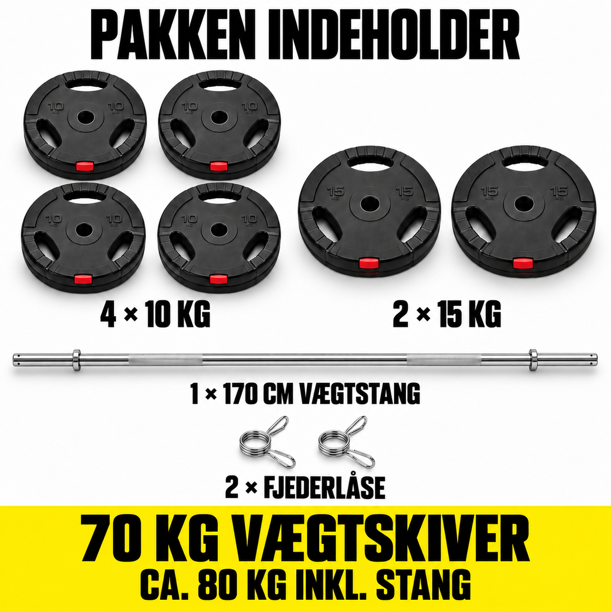 Vægtstangssæt med 70 kg vægtskiver – 170 cm, 30 mm