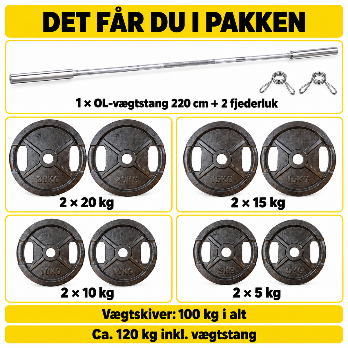 100 kg vægtskiver i jern med OL-vægtstang – 50 mm