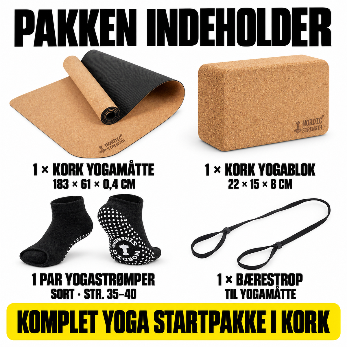 Yoga startpakke i kork med yogamåtte og yogablok