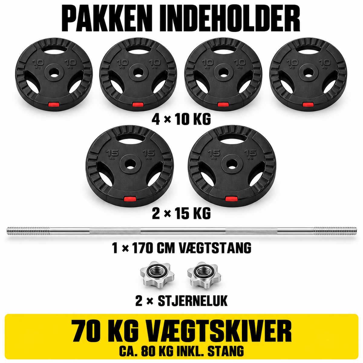 Vægtstangssæt med 70 kg vægtskiver og stjerneluk – 170 cm