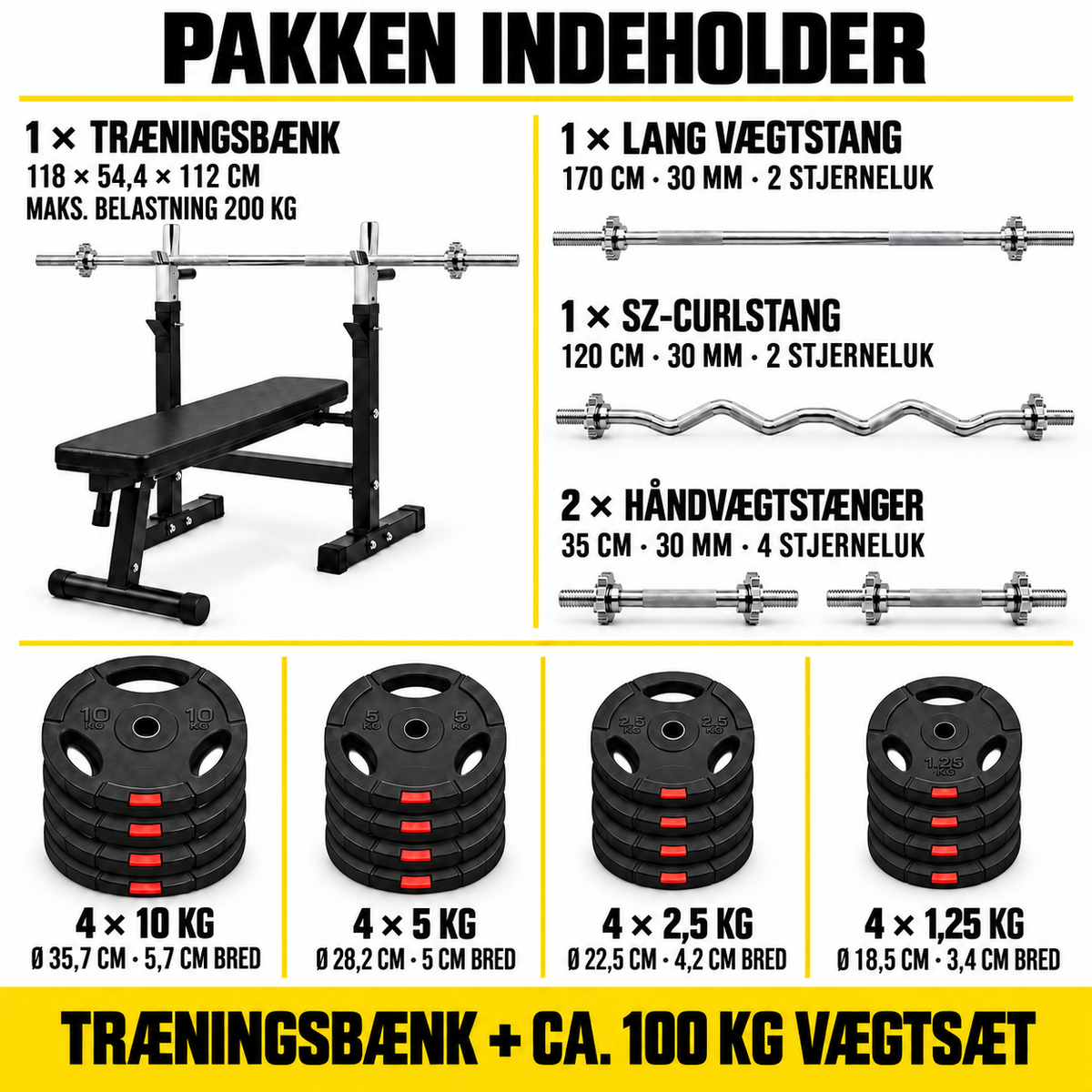 Træningsbænk med ca. 100 kg vægtsæt – 30 mm