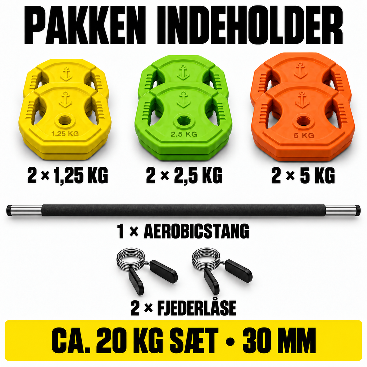 Aerobic vægtstangssæt ca. 20 kg – farvet BodyPump-sæt