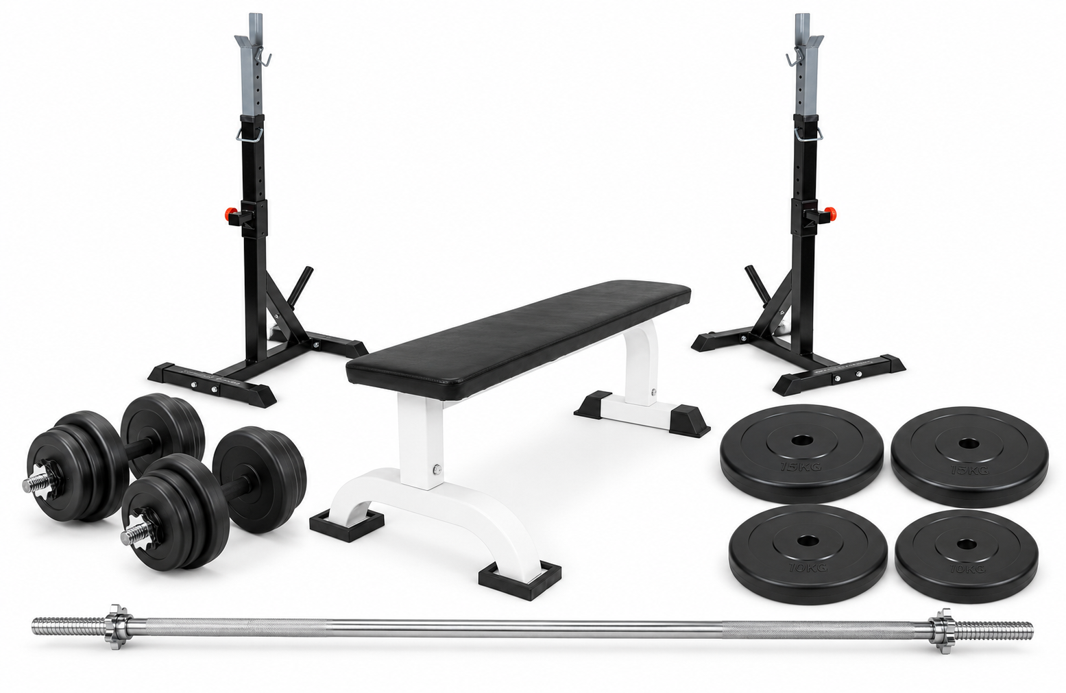 Hjemmetræningssæt med bænk, squat rack og ca. 90 kg vægte