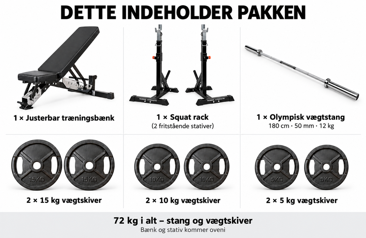 Justerbar træningsbænk med 72 kg olympisk vægtsæt – 50 mm