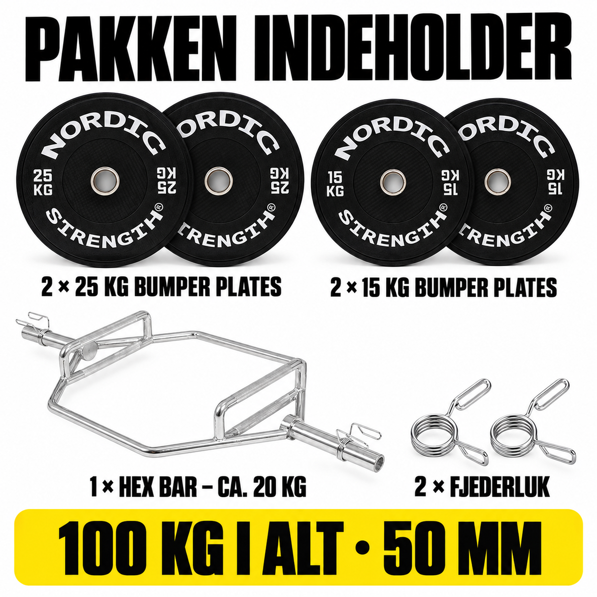 OL vægtsæt 100 kg med hex bar og bumper plates – 50 mm (Dødløft)