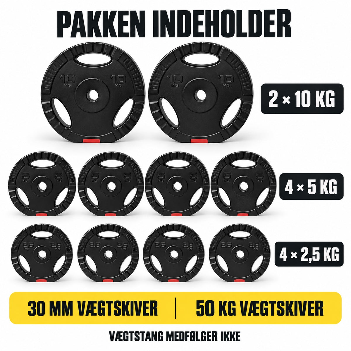 50 kg vægtskiver med greb – 30 mm (Billig Fitness pakkepris)