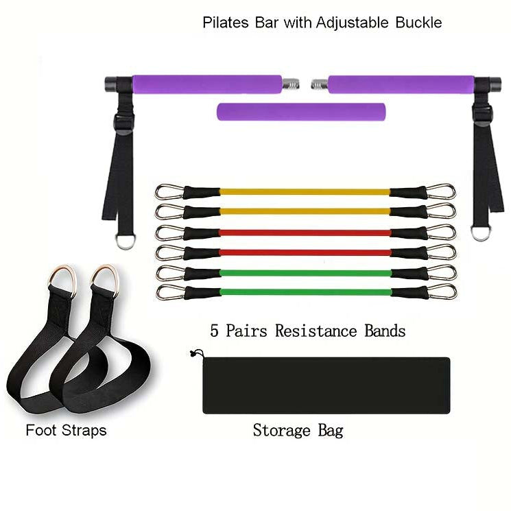 Pilates bar med justerbare remmer og 6 elastikker