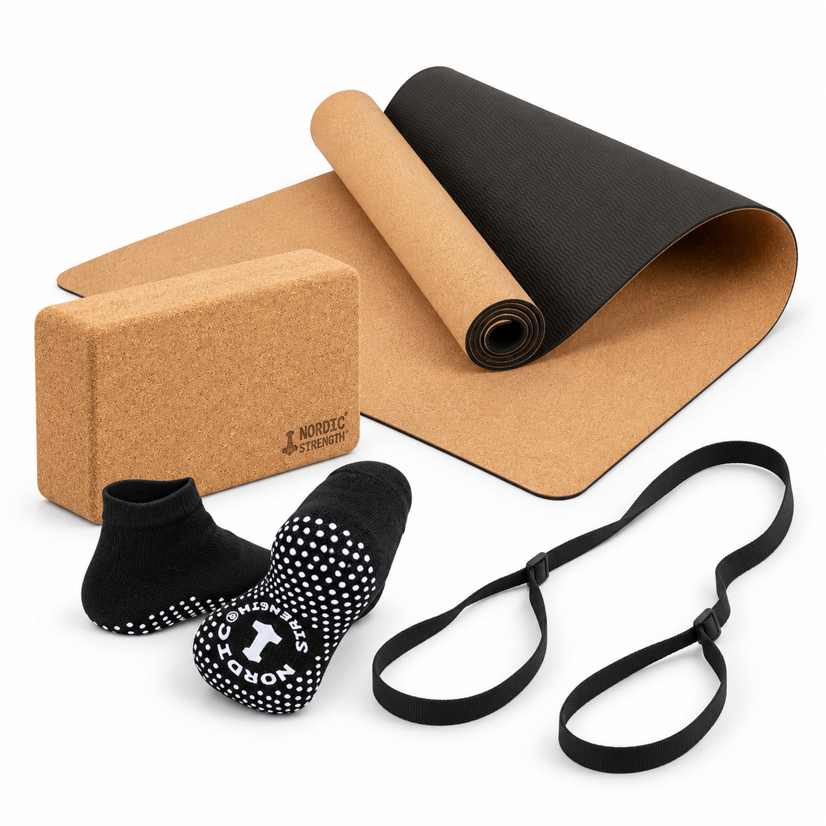 Yoga startpakke i kork med yogamåtte og yogablok