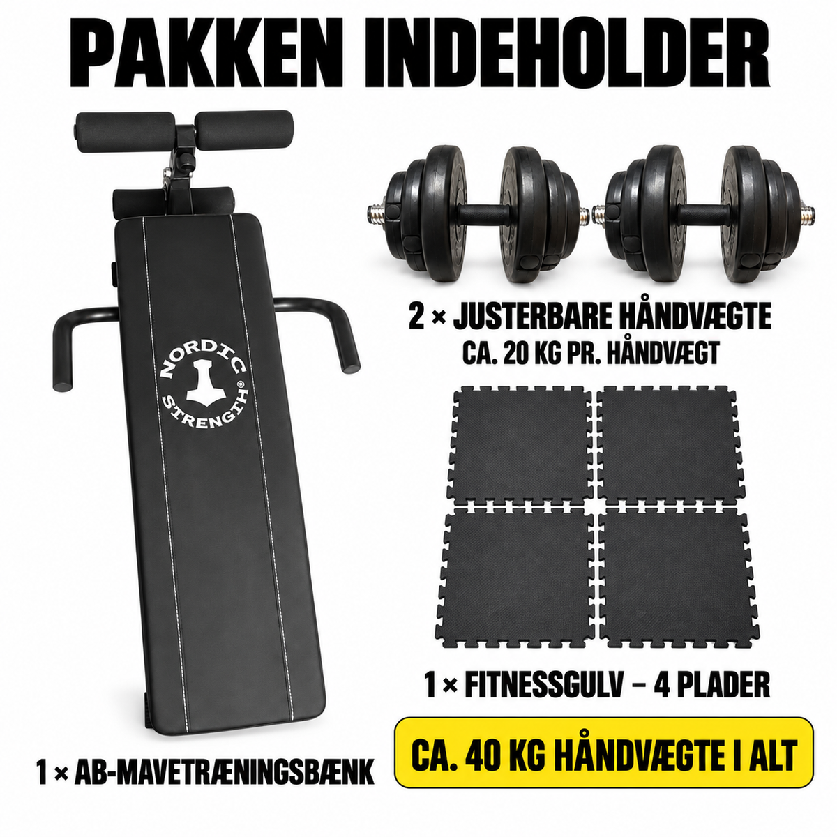 AB-mavetræningsbænk med 40 kg håndvægte og fitnessgulv