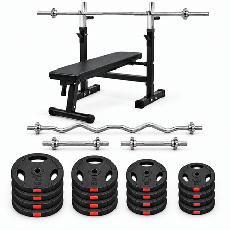 Træningsbænk med ca. 100 kg vægtsæt  30 mm