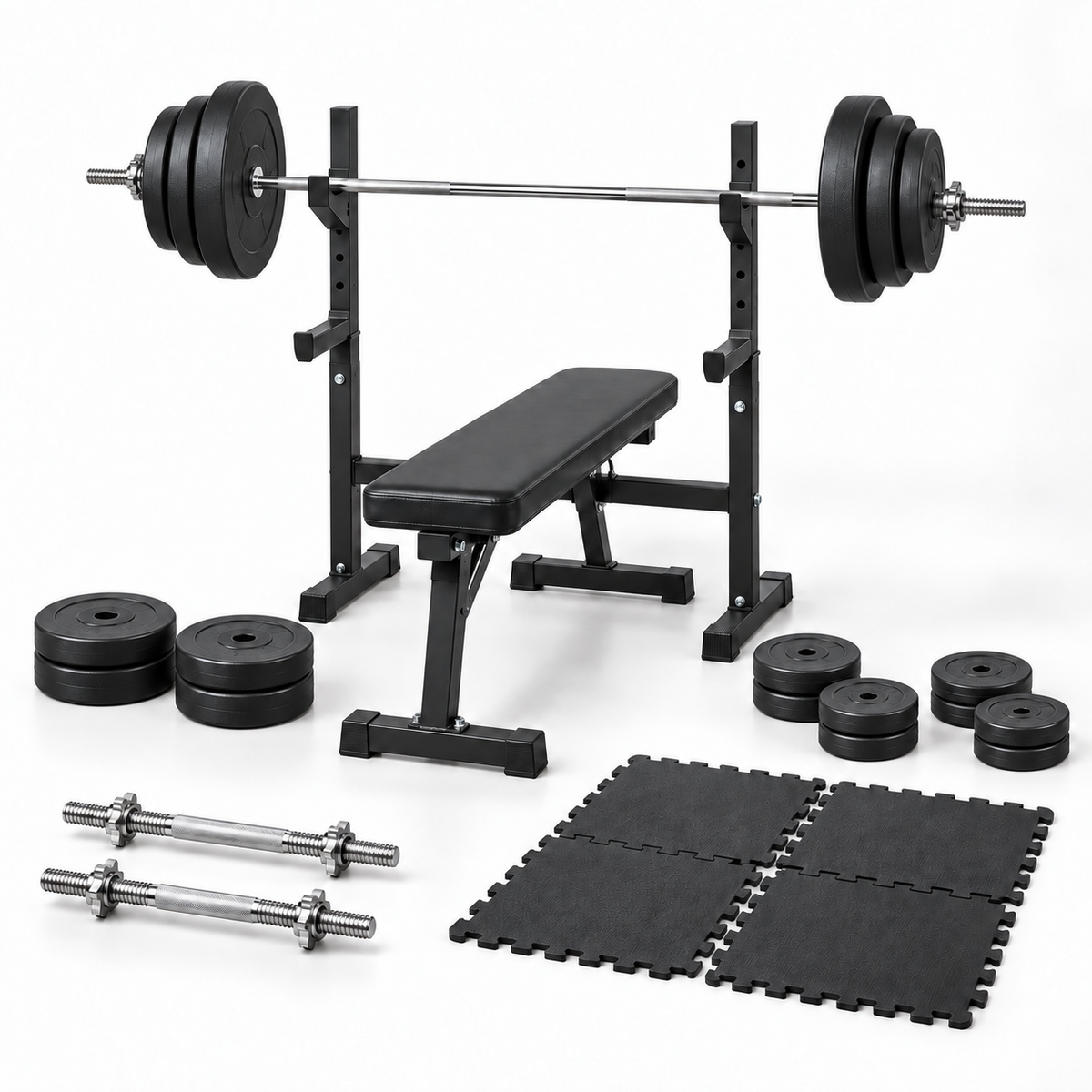 Træningsbænk med ca. 120 kg vægtsæt og fitnessgulv