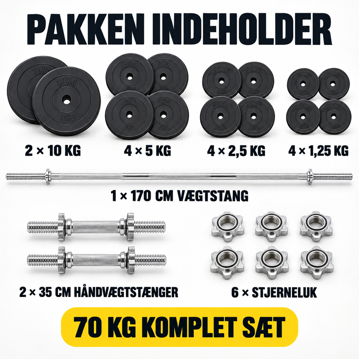 Vægtstangssæt, 70 kg til hjemmetræning (Billig-fitness pakkepris)
