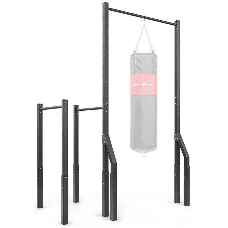 Pull-up bar med boksepude-holder og lange dip-stænger (Skaffevare)